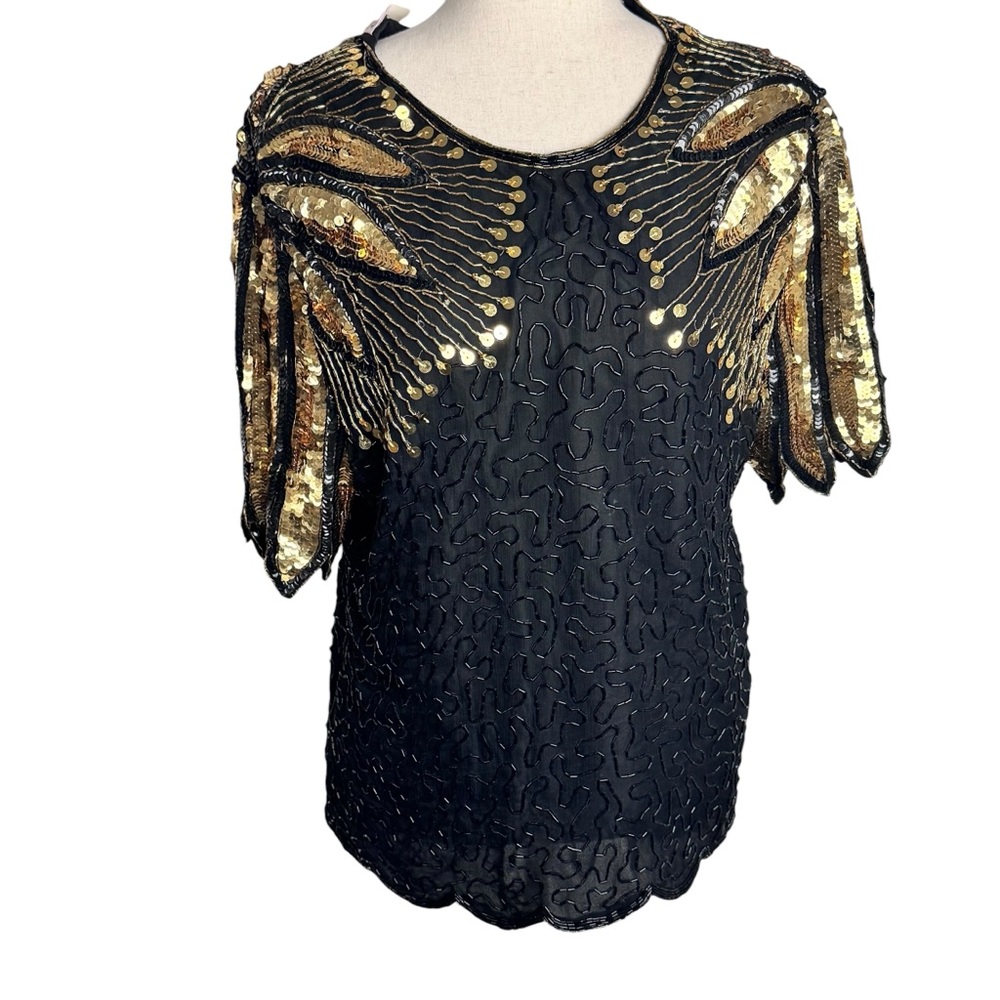 Laurence Kazar vintage silk‎ Black and Gold Sequin Women's Top blouse NOS